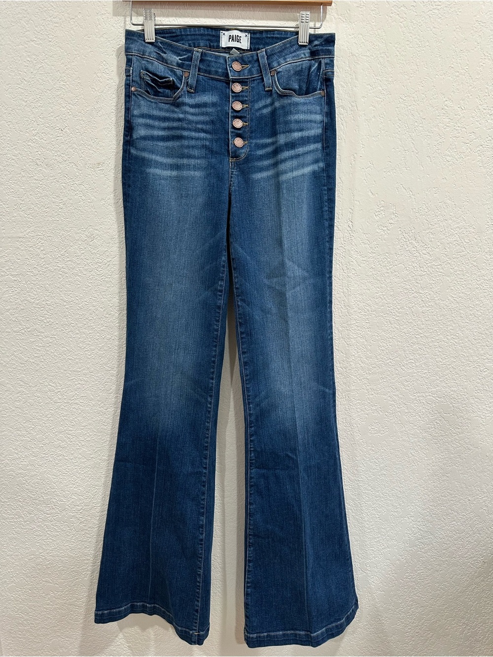PAIGE Medium Blue High-Rise Button-Fly Flare Jeans Size 28 Long Length